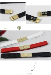 Detail of three-color elastic waist belts featuring matte gold buckles and secure screws