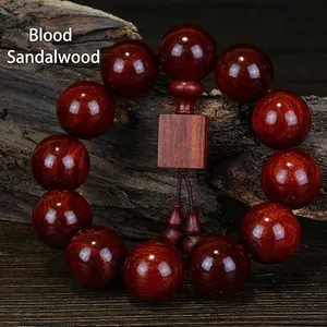 Deep red Blood Sandalwood beaded bracelet with square pendant and gourd charms
