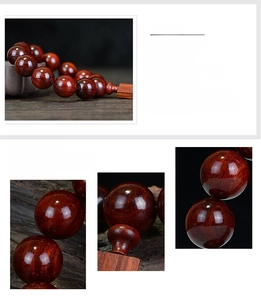 Macro shot of natural red sandalwood beads showing clear wood grain and polished texture