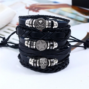 Vintage multi-layer black braided leather bracelet set with skull and star metal charms