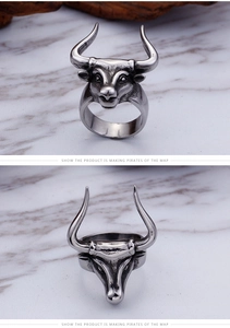 Detailed views of a vintage bull head ring with realistic carved horns and facial texture