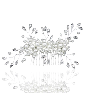 Elegant bridal hair comb with pearls and marquise crystals on a silver wire branch base