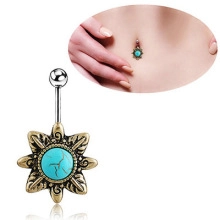 Detailed view of sunflower belly ring with turquoise stone and model wearing shot