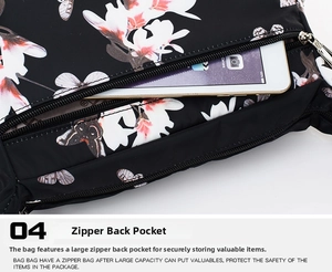 Floral nylon crossbody bag featuring a spacious rear zipper pocket for a tablet computer