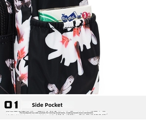 Detail view of the side elastic pocket on the floral nylon shoulder bag showing storage
