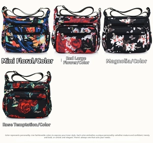 Detail of printed nylon shoulder bags featuring multiple zipper pockets and adjustable straps