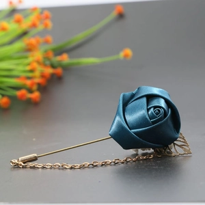 Handmade dark teal satin rose brooch with golden leaf and chain for suit lapels