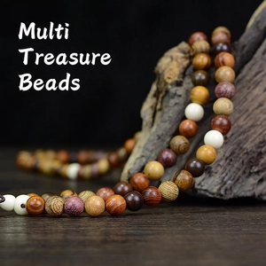 108 wood bead Buddhist mala bracelet with mixed colorful natural wood grains on dark wood