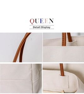 Detail view of cream canvas tote bag with brown leather handles and reinforced stitching