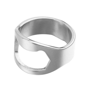 Polished silver stainless steel ring bottle opener shown on a clean white background