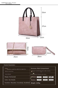 Detailed size chart for 3-piece bag set showing dimensions for tote, chain, and clutch bags