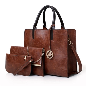 Women Tote Handbag And Chain Crossbody Bag And Wristlet Pouch PU Leather Litchi Texture Gold Maple Leaf Pendant Vintage
