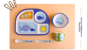 5-piece bamboo fiber whale themed children dinnerware set in blue with divided plate