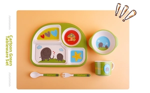 Bamboo fiber 5-piece kids tableware set with green elephant and mushroom pattern