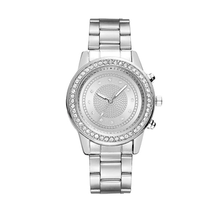 Silver stainless steel quartz watch with crystal-encrusted bezel and mesh texture dial