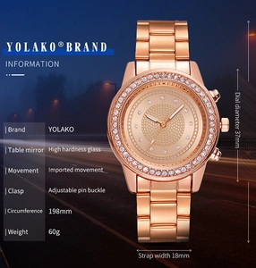 Rose gold quartz watch for women with diamond bezel and link bracelet over city lights