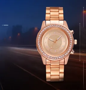 Detail of rose gold quartz watch featuring diamond bezel and high-hardness glass dial