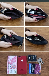 Internal capacity display of a black quilted clutch bag showing multiple compartments