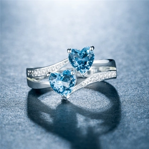 Elegant double heart blue gemstone ring in white gold finish with pavé small diamonds