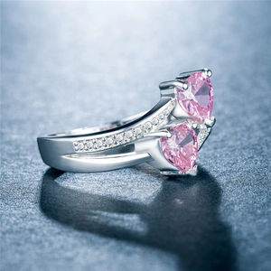 Elegant double heart pink zircon ring with pavé wavy band in white gold plating