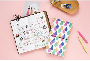 Detail of traveler's notebook with watercolor cover and monthly planner spread layout
