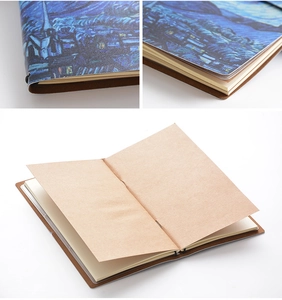 Detail view of Van Gogh Starry Night travel notebook with textured leather and kraft paper