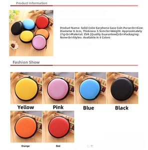 Mini round EVA zipper storage pouch for earphones and coins shown in six assorted colors