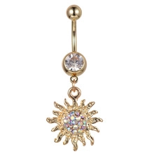 Detail of sunflower navel ring with rainbow crystal pavé and large clear gemstone