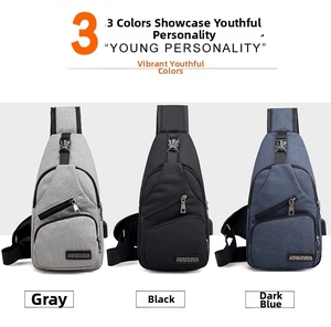 Three-color men's chest bags with USB port and multiple zippered pockets shown in detail