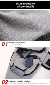 Detail showing grey nylon fabric texture and multi-layer zipper pocket storage
