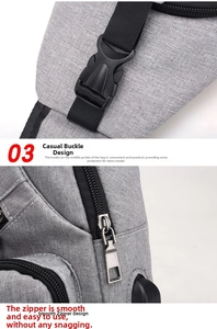 Detail of durable grey nylon chest bag with plastic buckle and smooth zipper closure