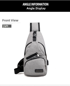 Detailed view of grey nylon chest bag featuring a built-in USB charging port and zipper