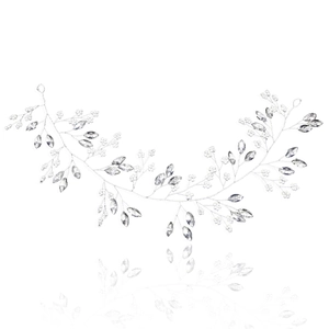 Handmade bridal hair vine with silver alloy wire, marquise crystals, and white floral beads