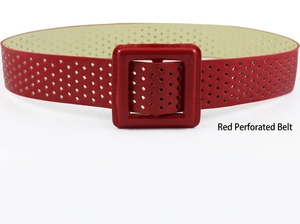 Close-up of red decorative perforated leather belt with a square covered buckle for dresses