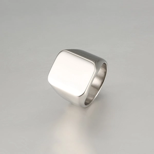 Polished silver titanium steel signet ring with a flat square face for men's fashion