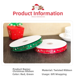 Close-up of Merry Christmas ribbons in red and green for gift wrapping on a wood table
