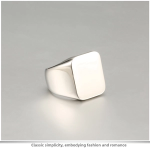 Top view of a silver square signet ring for men featuring a high-polish mirror finish