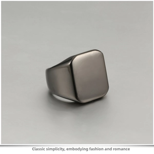 Polished gunmetal square signet ring in titanium steel with a sleek mirror finish