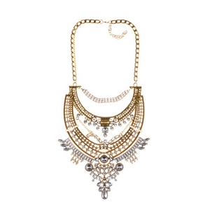 Detailed close-up of bohemian layered gold necklace with crystals and teardrop pendants