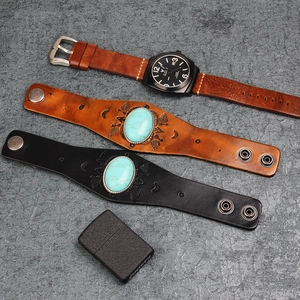 Ethnic genuine leather bracelets set with turquoise inlay and embossed pattern on brown leather