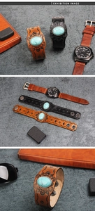 Macro detail of genuine leather wide cuff with turquoise inlay and embossed pattern