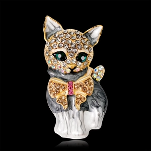 Fashionable grey marble cat brooch with sparkling green rhinestone eyes and bow detail