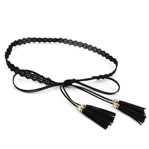Ethnic style black lace thin waist belt with golden hollow metal details and tassels