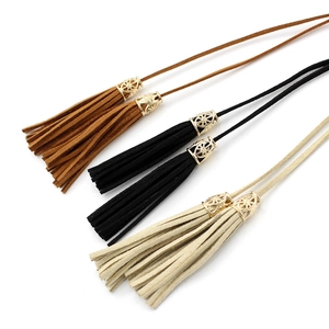 Ethnic fringe tassel belt set in brown black and white with golden hollow metal caps