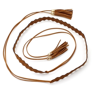 Ethnic style thin brown waist belt for women with laser-cut hollow flowers and tassels