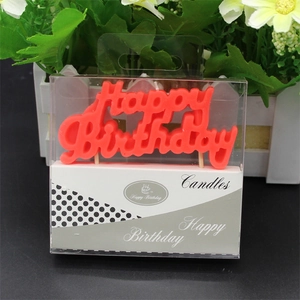 Red Happy Birthday letter candles with wooden picks in transparent packaging box