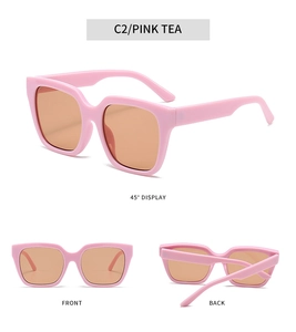 Detailed views of pink square sunglasses featuring translucent tea lenses and wide frames