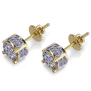 Macro view of gold hip-hop stud earrings with full zircon paving and screw-back detail