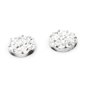 Detailed view of 8mm round silver stud earrings with sparkling resin druzy texture