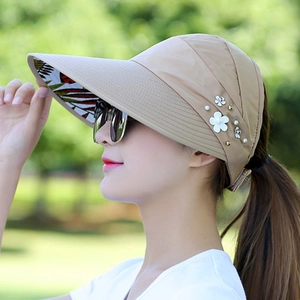 Khaki wide brim sun hat with floral detail and pearl accent for outdoor UV protection